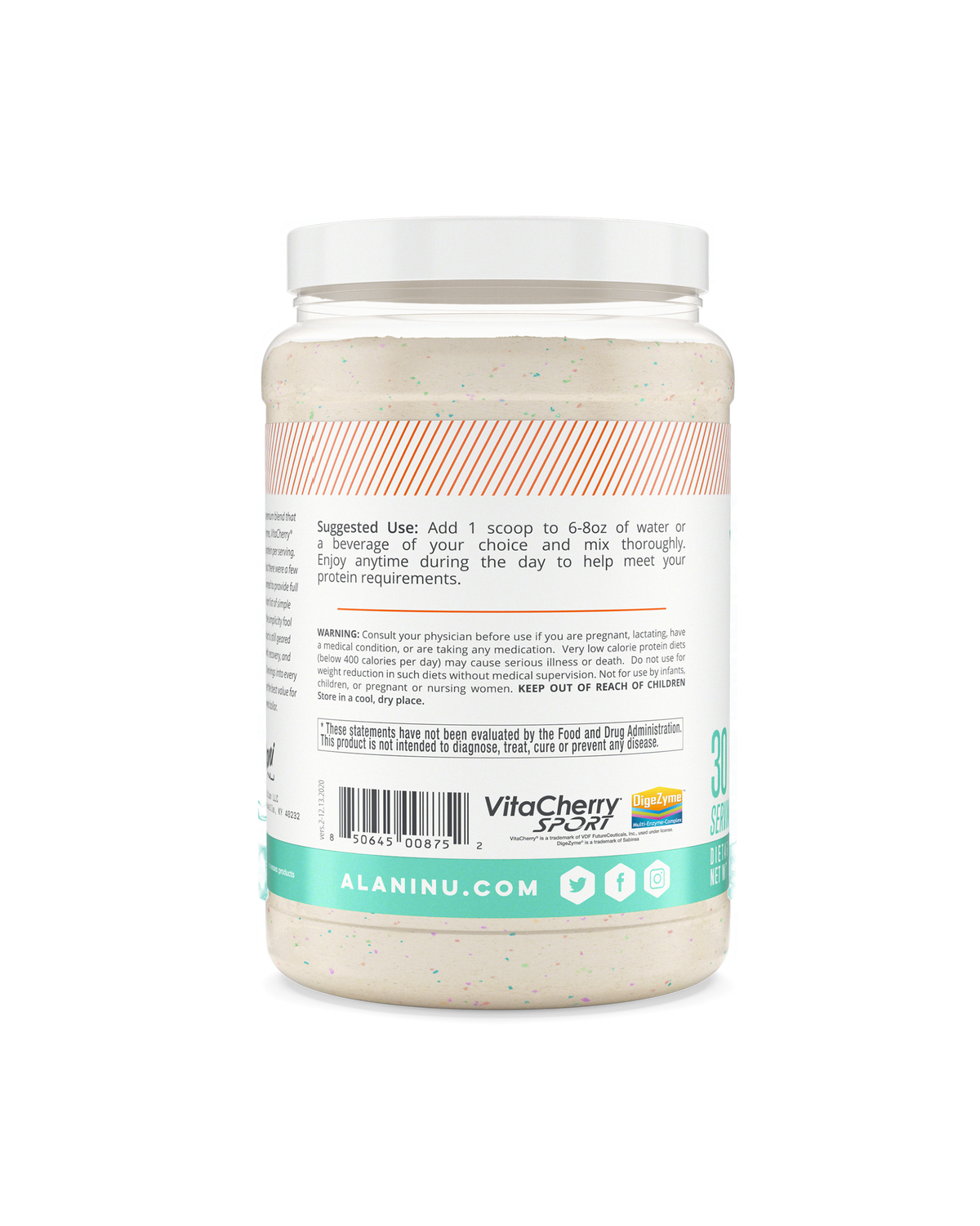 A side view of Whey Protein in Confetti Cake flavor showcasing suggested use of product.