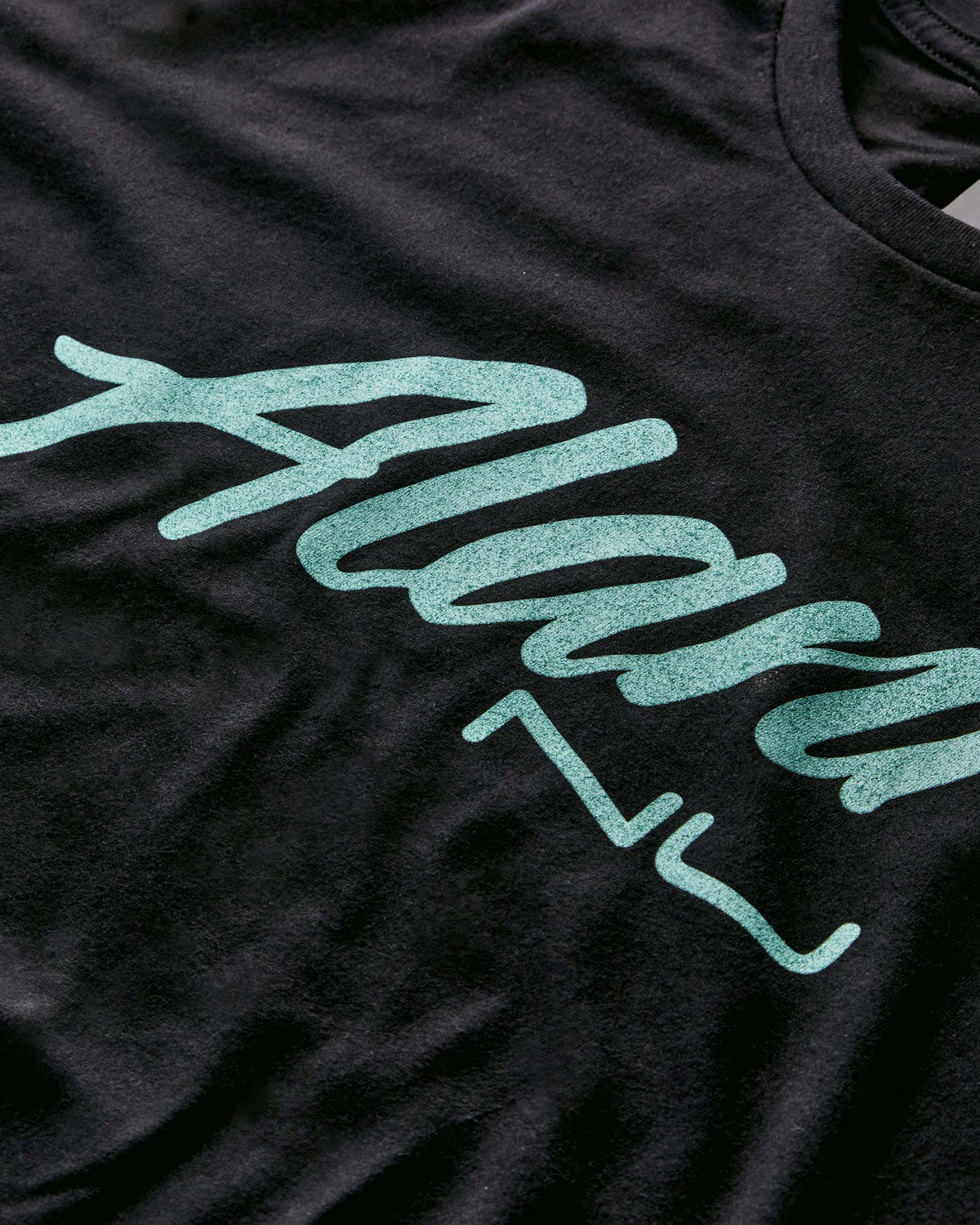 A detail shot of Seafoam On Black T-Shirt with a green logo on it.
