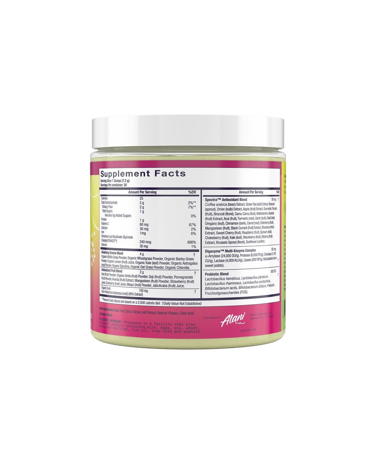 A back view of Super Greens in Wild Berry flavor highlighting supplement facts.