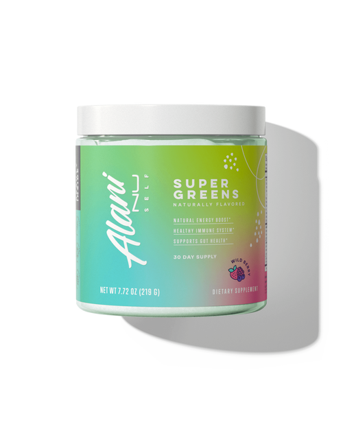 A 30 serving container of Super Greens in Wild Berry flavor.