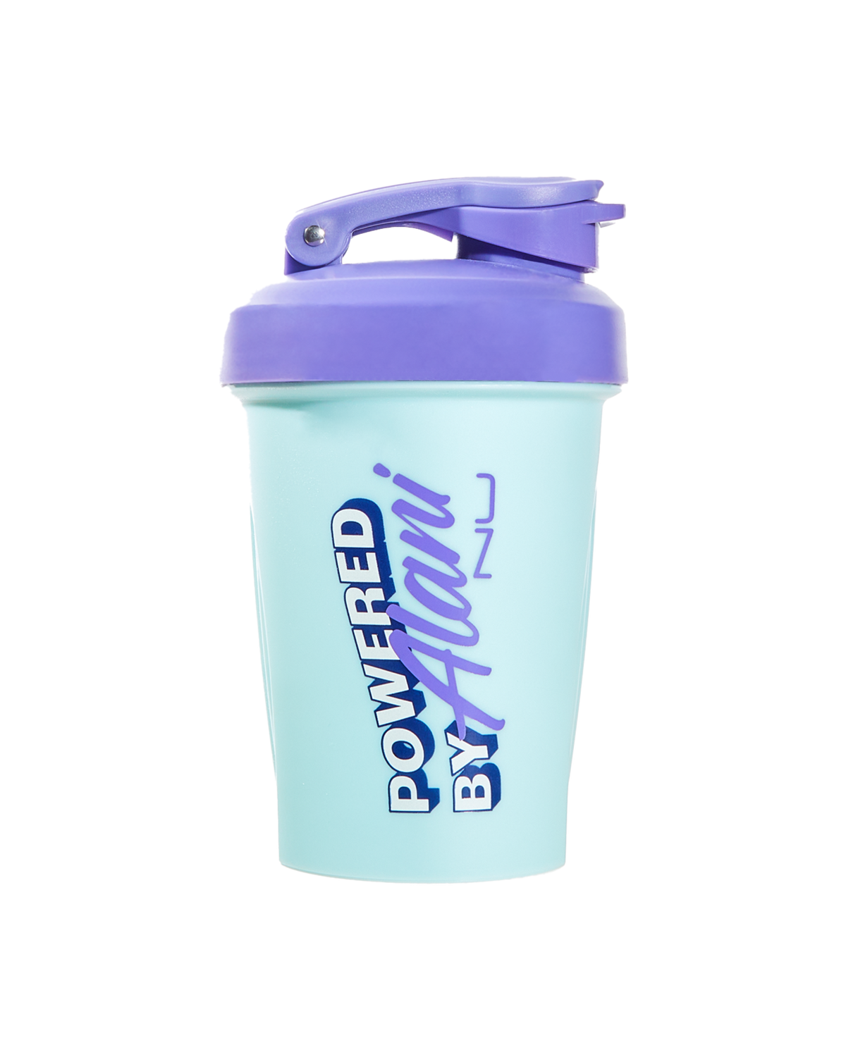 An Alani Nu 12oz Shaker - Blue Sky with a purple lid.