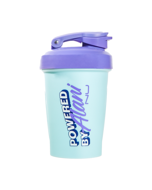 An Alani Nu 12oz Shaker in Blue Sky with a purple lid.