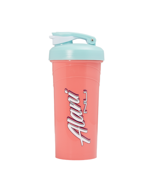 A front-facing image of 20oz Shaker Peach Vibe with Alani logo.