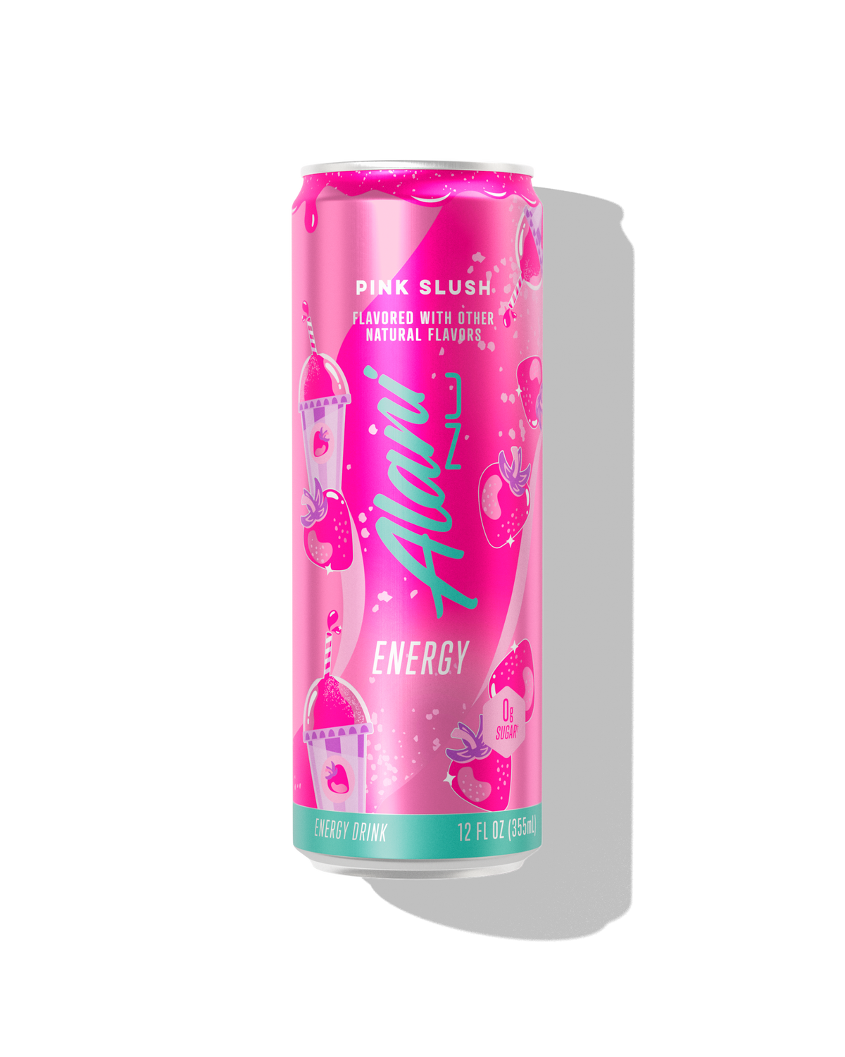 The front view of an Alani Nu Pink Slush Energy Drink can. The can has 	strawberry and pink slushie illustrations, along with a 0g sugar badge.  