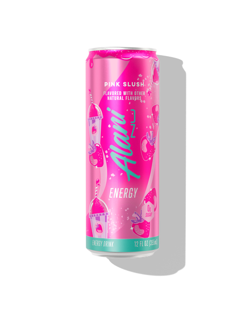 The front view of an Alani Nu Pink Slush Energy Drink can. The can has 	strawberry and pink slushie illustrations, along with a 0g sugar badge.  