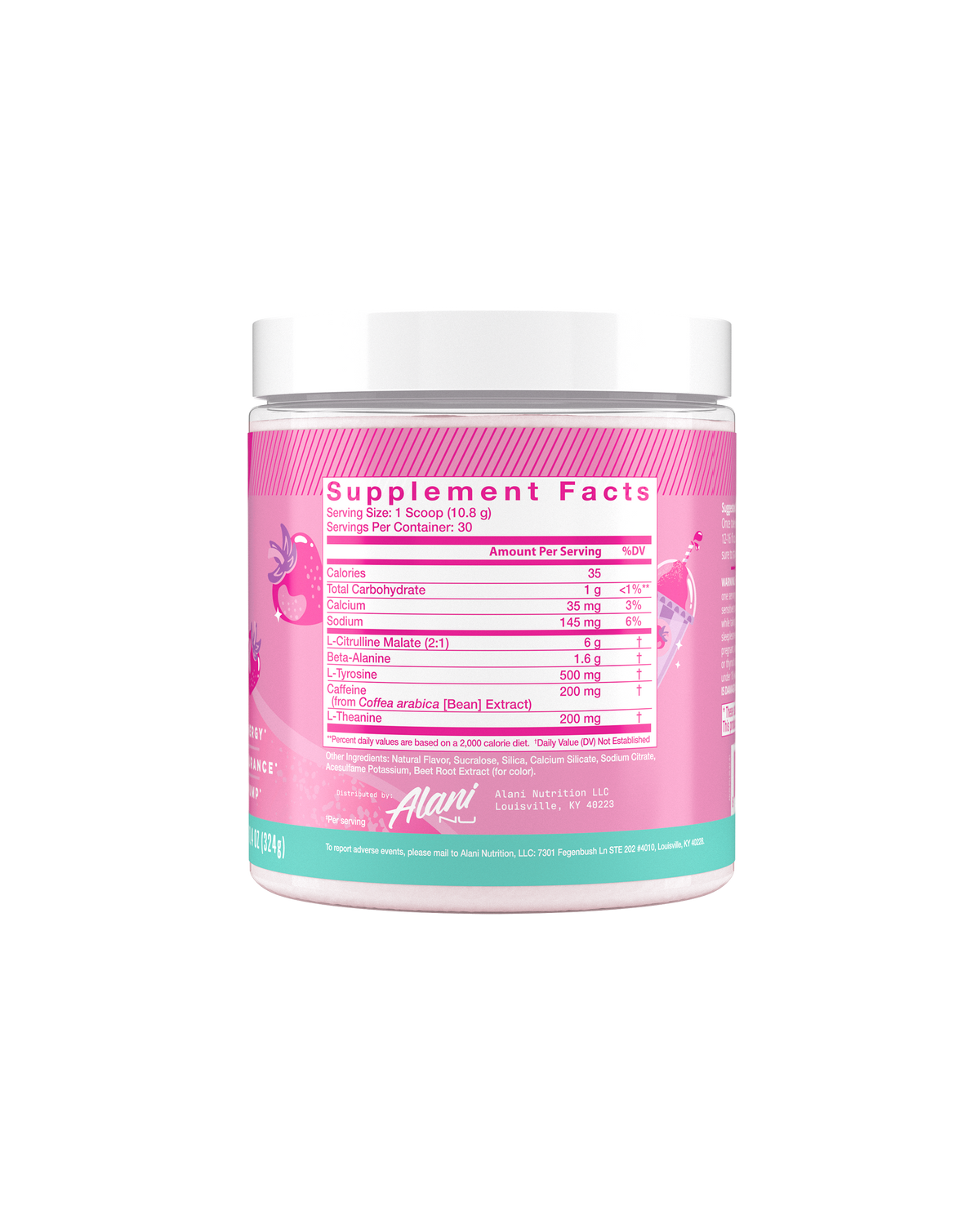 The back view of an Alani Nu Pink Slush Pre-Workout tub, highlighting 	nutrition facts. 