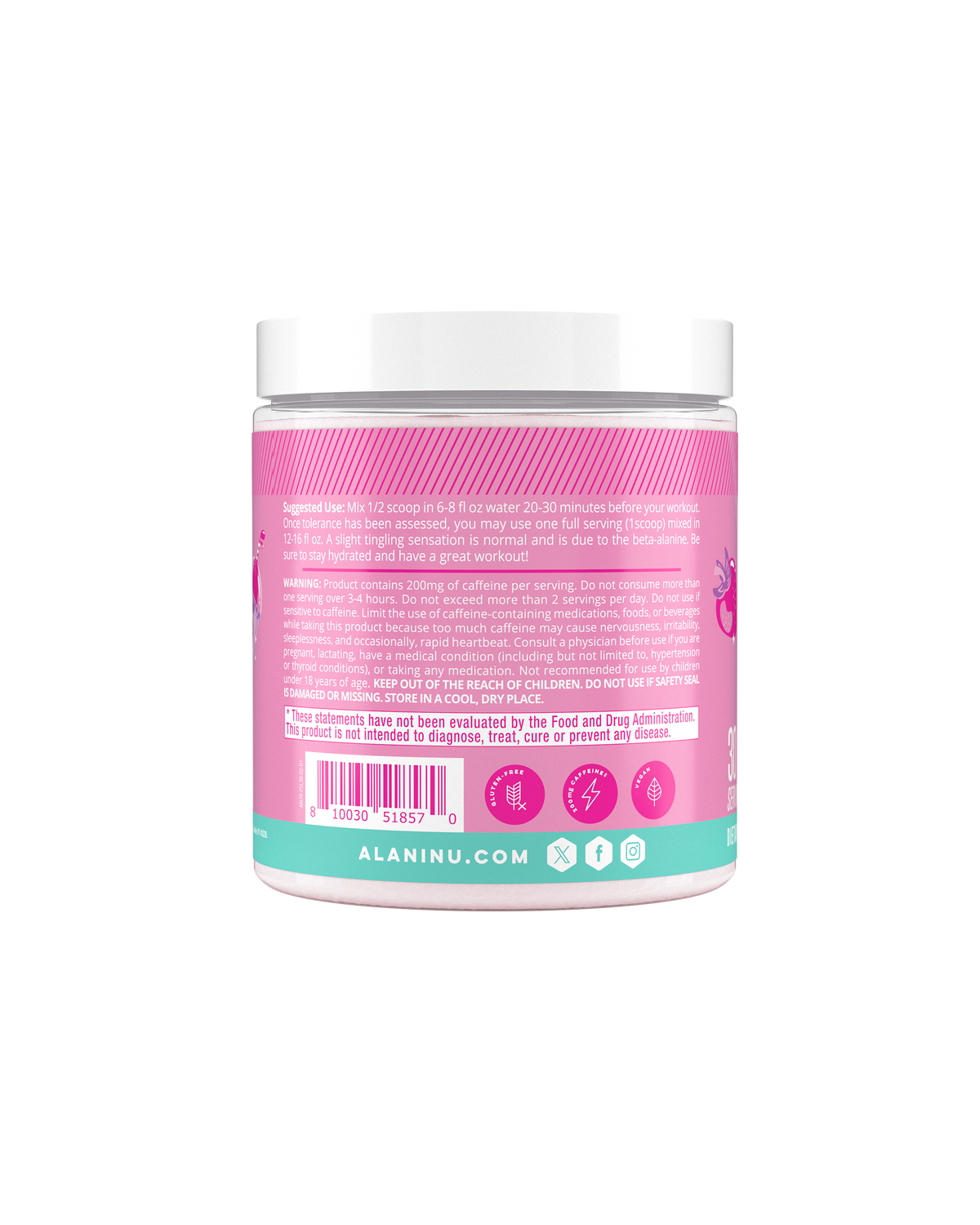 The side view of an Alani Nu Pink Slush Pre-Workout tub, highlighting 	usage directions, warnings, and social media icons.  
