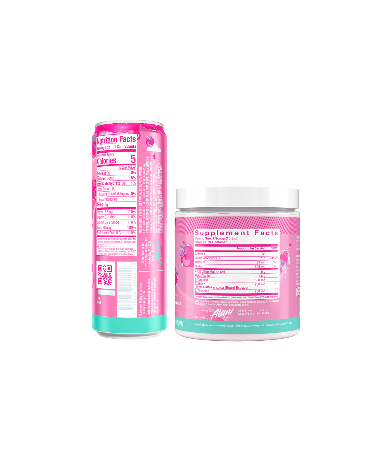 The back view of an Alani Nu Pink Slush Energy Drink can and Pre-Workout tub, showing nutrition facts.  