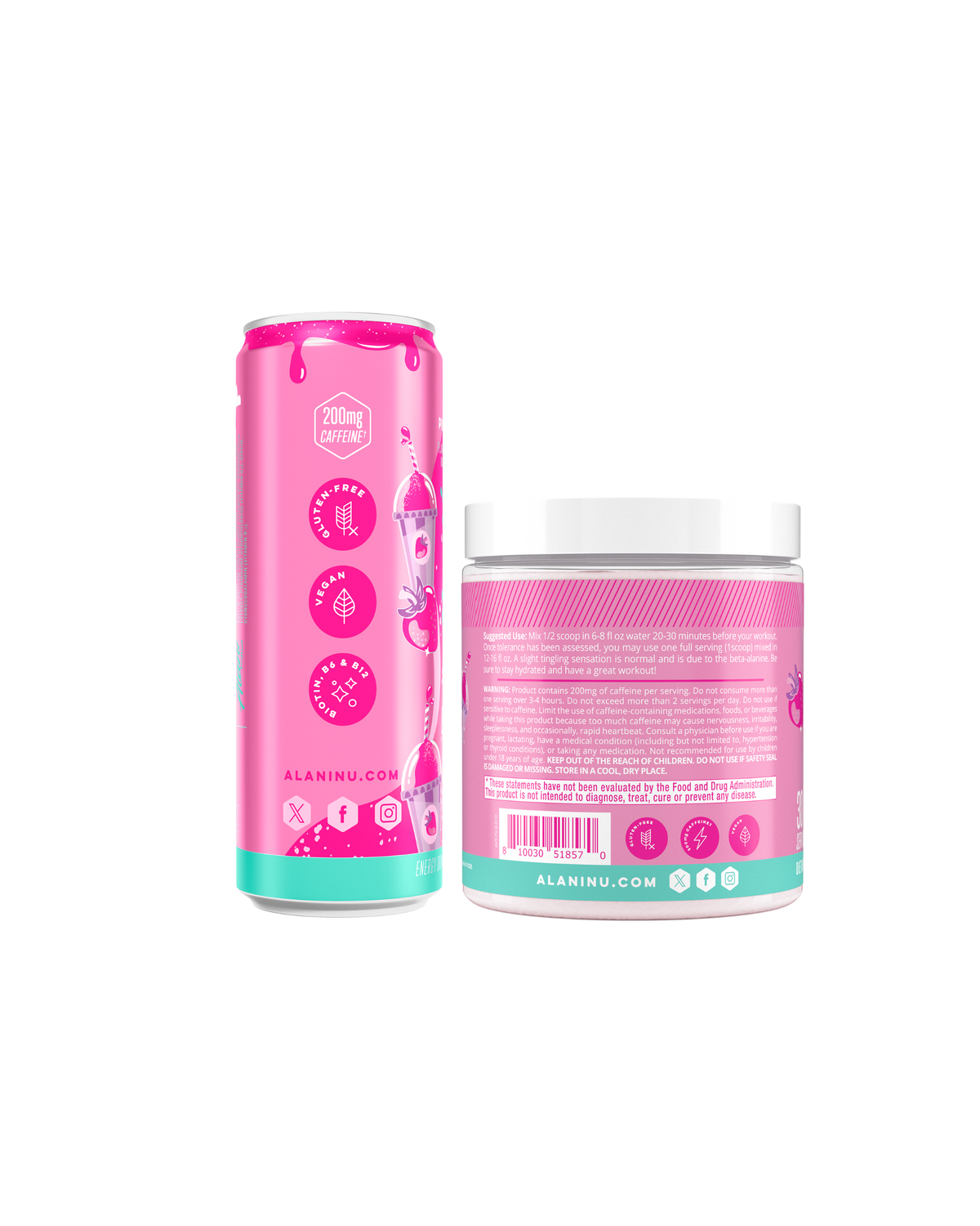 The side view of an Alani Nu Pink Slush Energy Drink can and Pre-Workout tub 