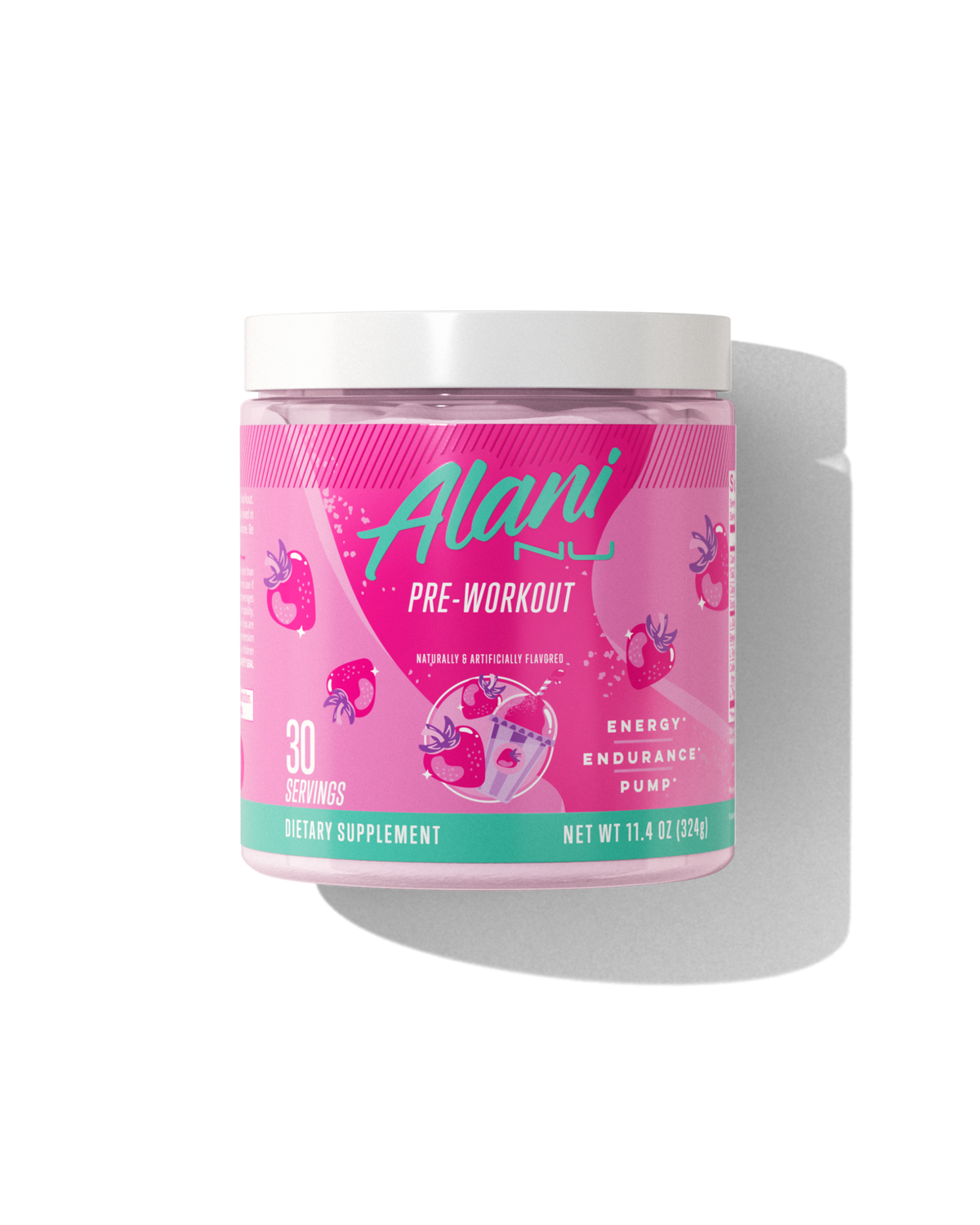 The front view of an Alani Nu Pink Slush Pre-Workout tub, made for 	endurance and pump. 