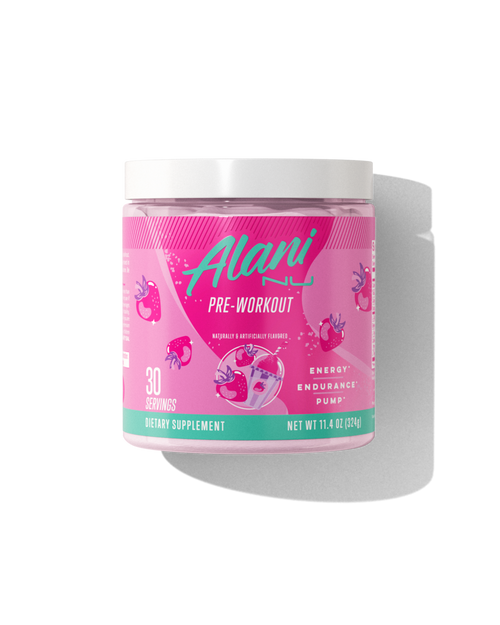 The front view of an Alani Nu Pink Slush Pre-Workout tub, made for 	endurance and pump. 