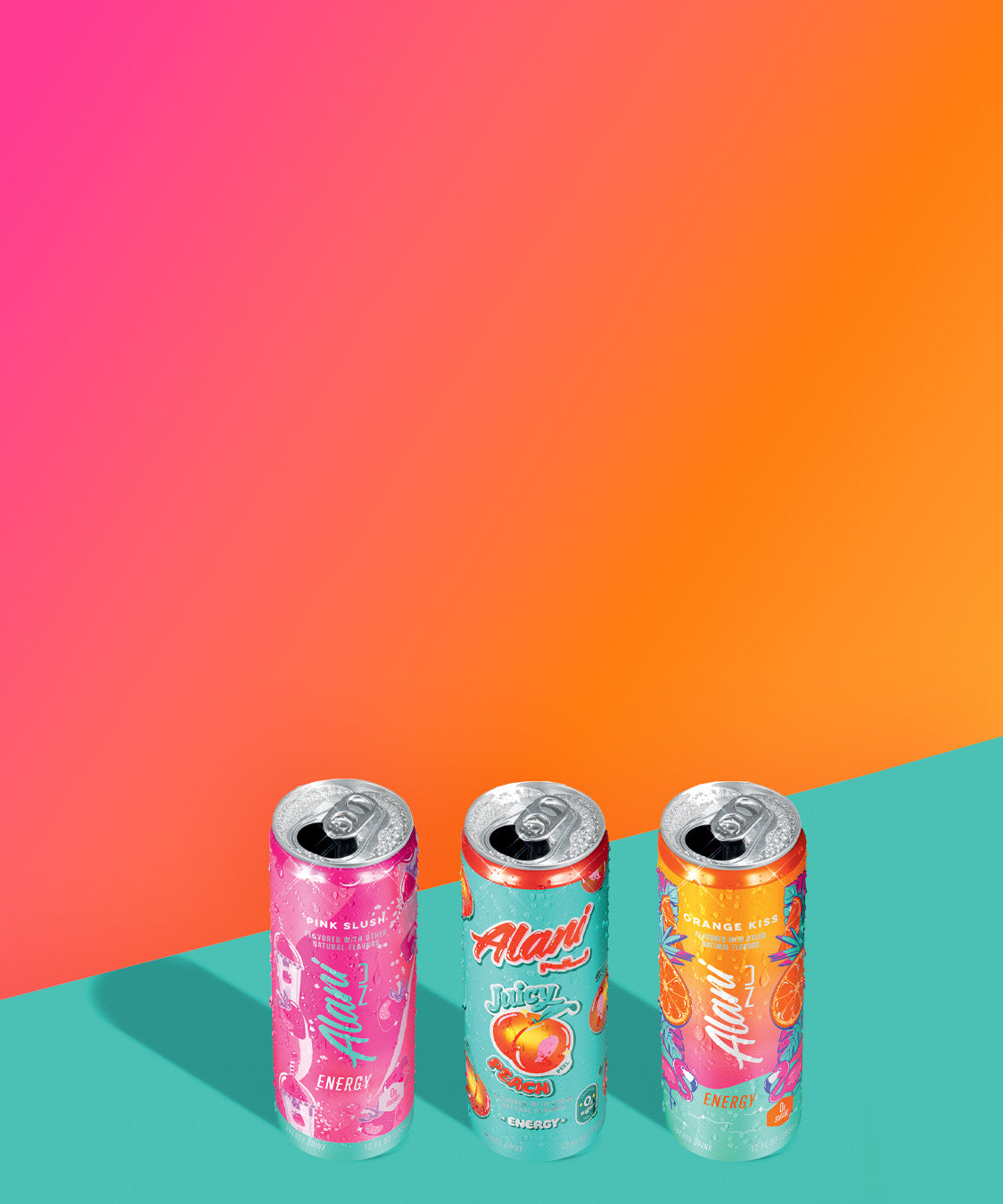Sugar-free Pink Slush, Juicy Peach, and Orange Kiss Alani Nu Energy Drinks sitting lined up on a ledge