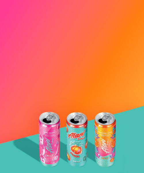 Sugar-free Pink Slush, Juicy Peach, and Orange Kiss Alani Nu Energy Drinks sitting lined up on a ledge