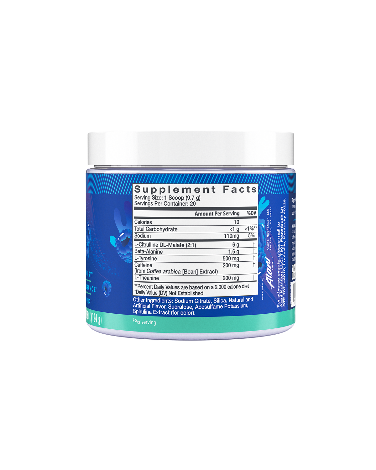 The back view of a 10-calorie Breezeberry Pre-Workout tub, highlighting supplement facts and ingredients.
