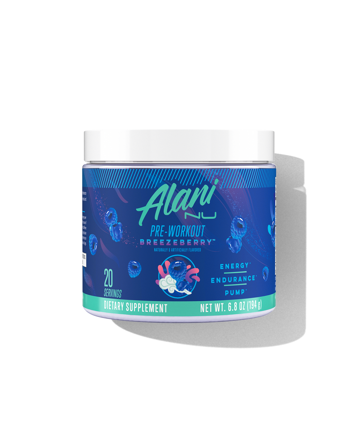 The front view of a 20-serve tub of Alani Nu Breezeberry Pre-Workout, naturally & artificially flavored and made to support energy, endurance, and pump.*
