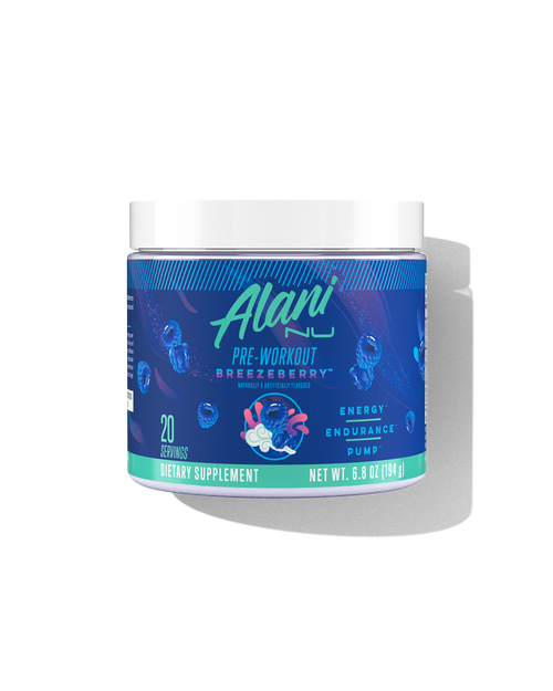 The front view of a 20-serve tub of Alani Nu Breezeberry Pre-Workout, naturally & artificially flavored and made to support energy, endurance, and pump.*
