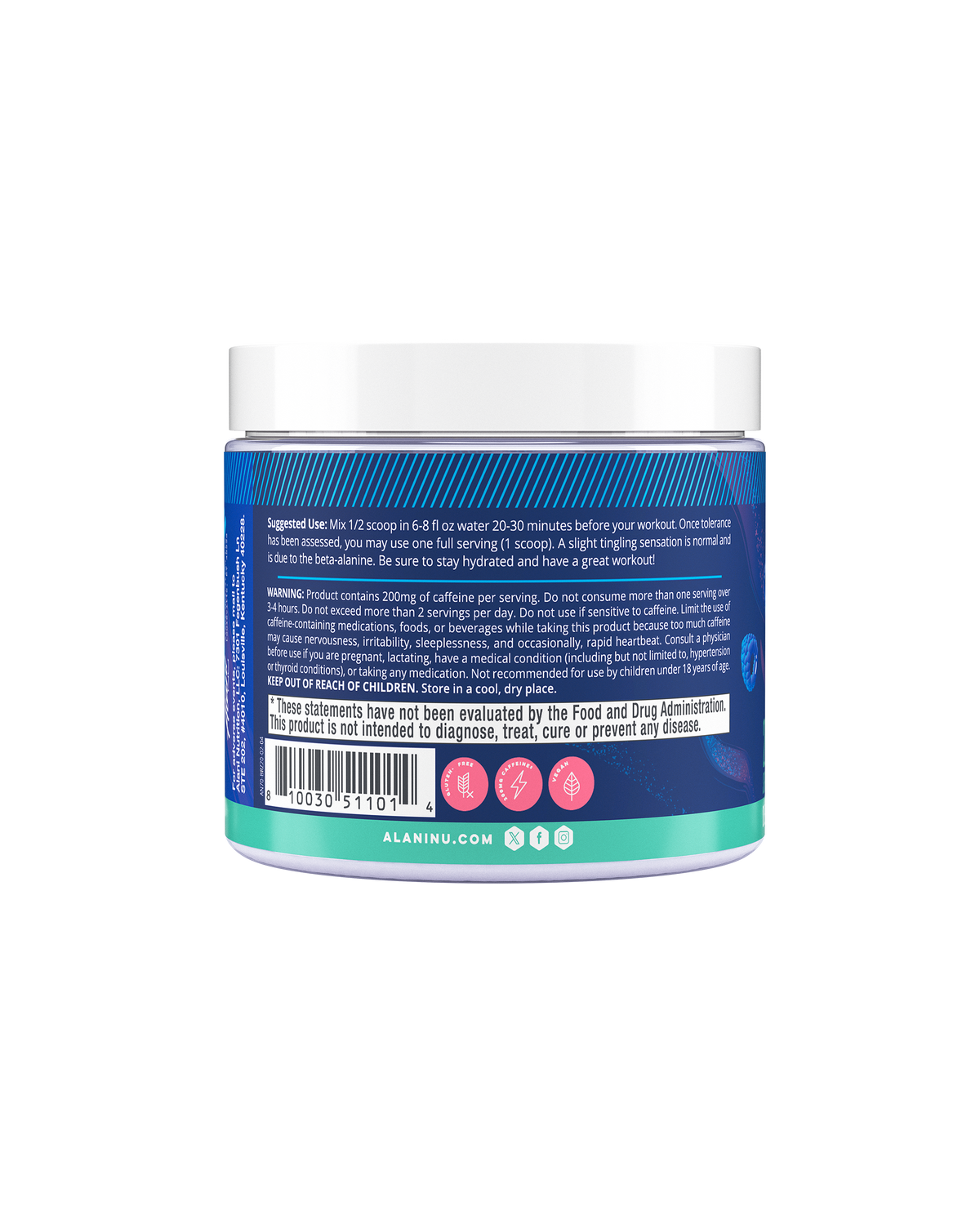 The side view of a Breezeberry Pre-Workout tub, gluten-free, vegan, and formulated with 200mg of caffeine per serving. Suggested-use directions and warning shown.
