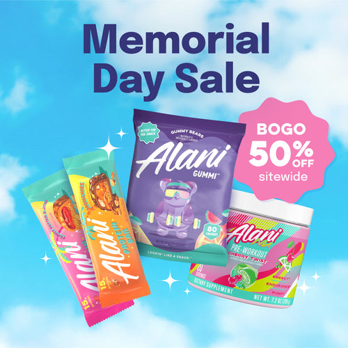 Alani Gummi Bears, Pre-Workout, and a shaker bottle floating in front of a blue sky. Text reads, "Memorial Day Sale; BOGO 50% Off Sitewide."
