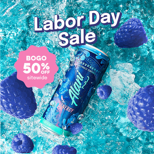 A sugar-free Breezeberry Alani Nu Energy Drink and juicy blue raspberries splashing into crisp, refreshing water. Text reads, "Labor Day Sale; BOGO 50% Off Sitewide." T&Cs Apply.
