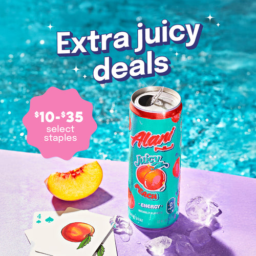 A sugar-free Juicy Peach Alani Nu Energy Drink sparkling poolside next to a peach slice and playing cards. Text reads, "Extra Juicy Deals; $__-$__ Select Faves." T&Cs Apply.
