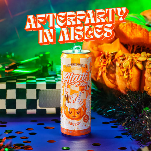 A limited-edition Pumpkin Cream Alani Energy on a dance floor in front of a record player and a smashed pumpkin. Text reads, "Afterparty in aisles."
