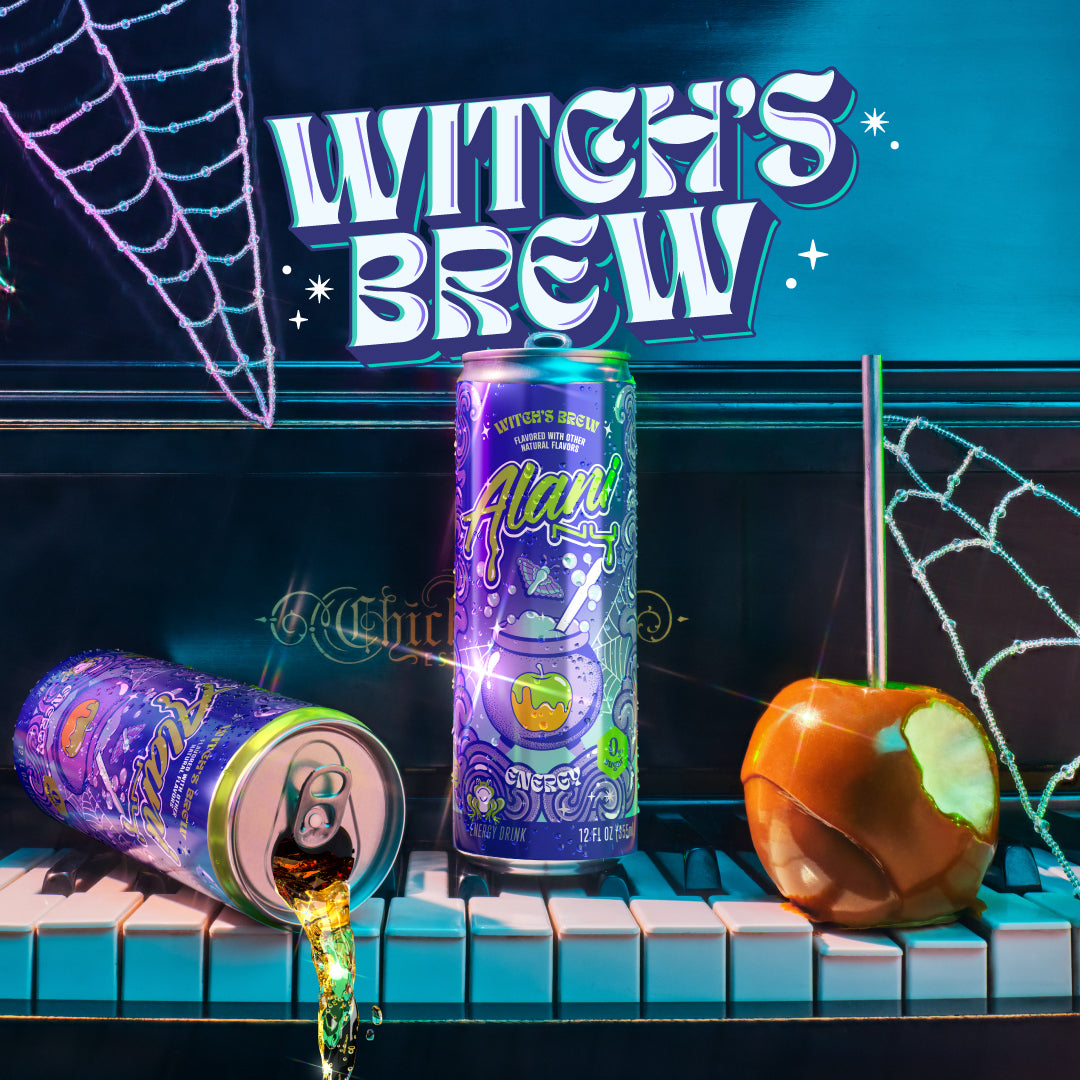2 cans of Alani Nu's best-selling fall Energy Drink and a caramel apple atop a charmed piano. Text reads, "Witch's Brew."
