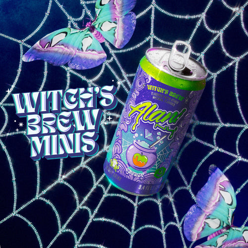  Alani Nu's new caramel-appled-flavored Mini Energy caught in a bejeweled spiderweb with colorful moths. Text reads, "Witch's Brew Minis." 
