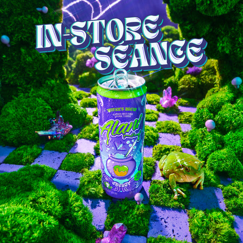 A limited-edition can of Witch's Brew Energy and a shimmering frog shown on the mossy court of an enchanted garden. Text reads, "In-Store Séance."
