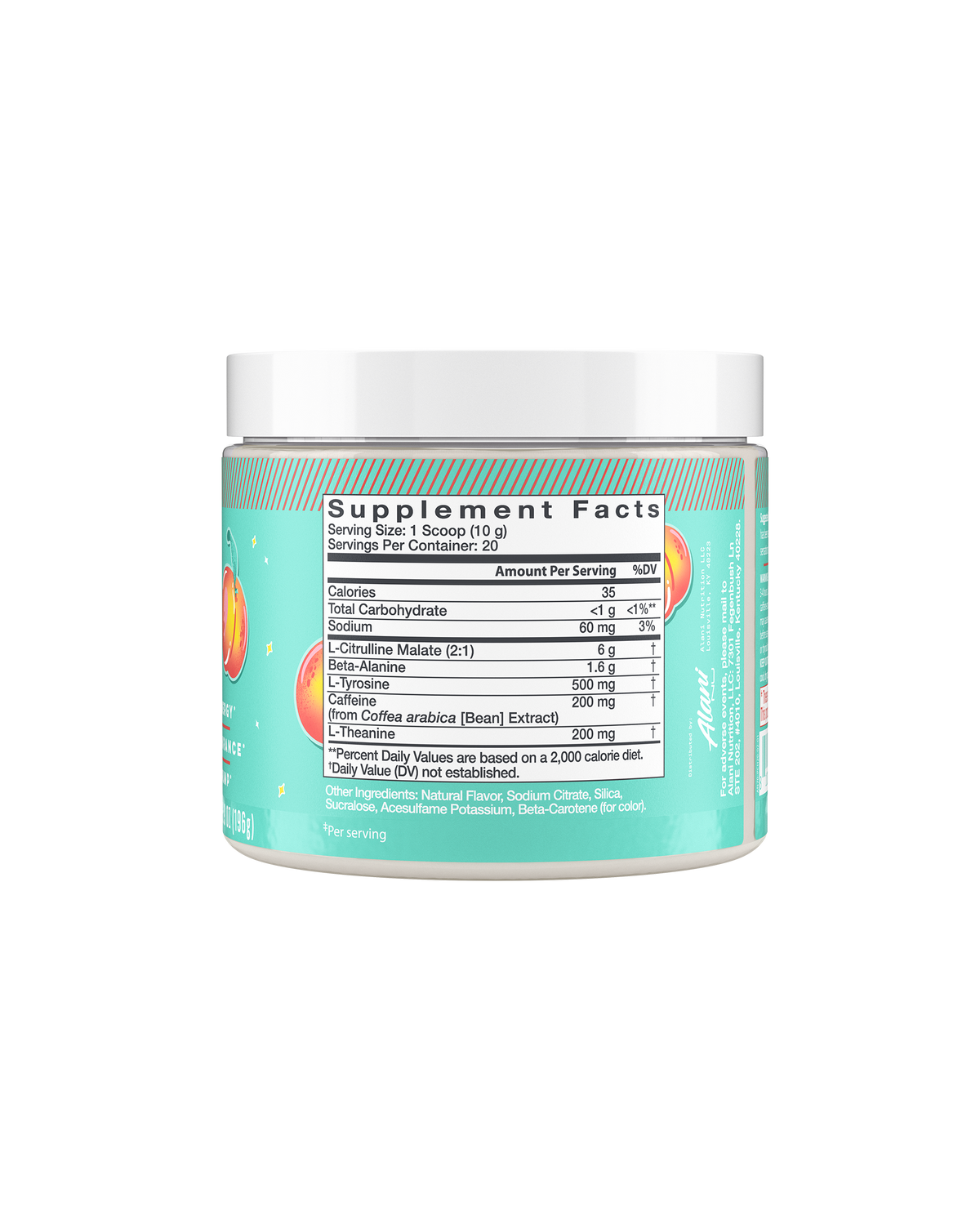The back view of a 35-calorie Juicy Peach Pre-Workout tub, highlighting supplement facts and ingredients.
