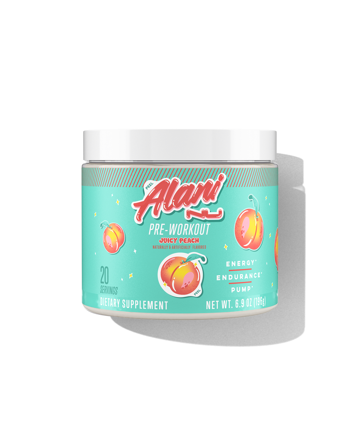 The front view of a 20-serve tub of Alani Nu Juicy Peach Pre-Workout, naturally & artificially flavored and made to support energy, endurance, and pump.*
