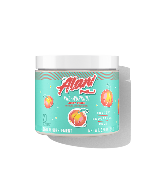 The front view of a 20-serve tub of Alani Nu Juicy Peach Pre-Workout, naturally & artificially flavored and made to support energy, endurance, and pump.*
