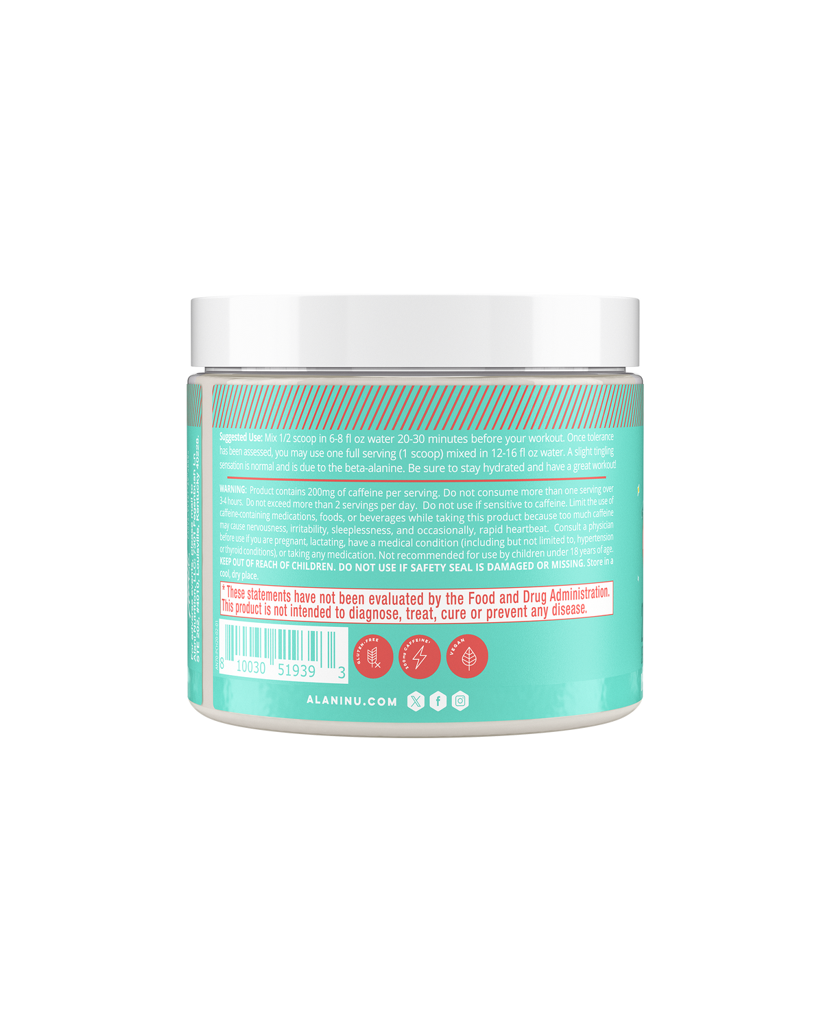 The side view of a Juicy Peach Pre-Workout tub, gluten-free, vegan, and formulated with 200mg of caffeine per serving. Suggested-use directions and warning shown.
