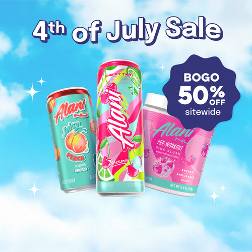 Alani Nu's Juicy Peach 8.4oz Energy, Cherry Twist 12oz Energy, and Pink Slush Pre-Workout floating in front of a blue sky. Text reads, "4th of July Sale; BOGO 50% Off Sitewide."