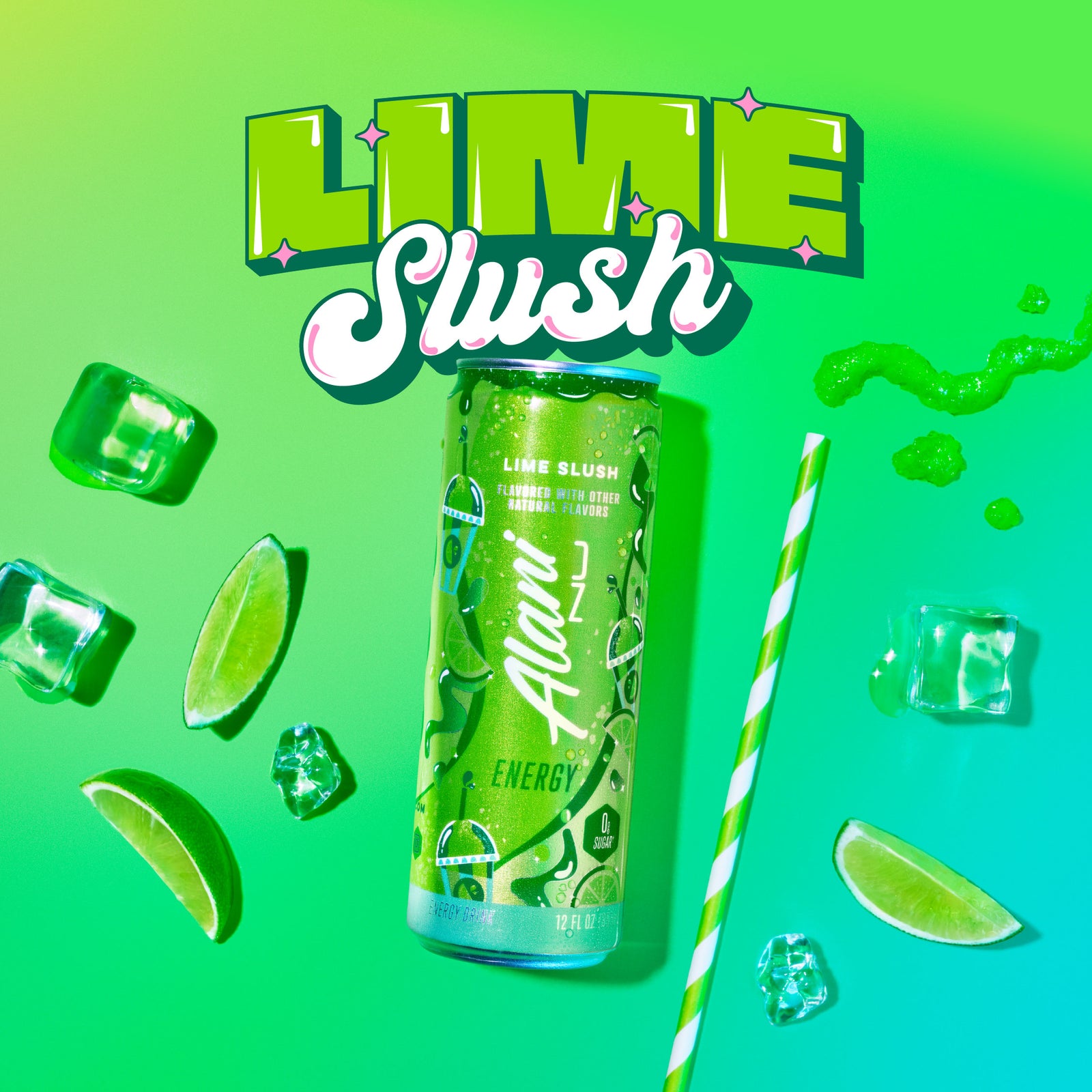 Alani’s new Energy Drink on a bright green background next to ice cubes, lime wedges, a straw, and a splash of citrus-flavored slushie. Text reads, “Lime Slush.” Click to preview. 
