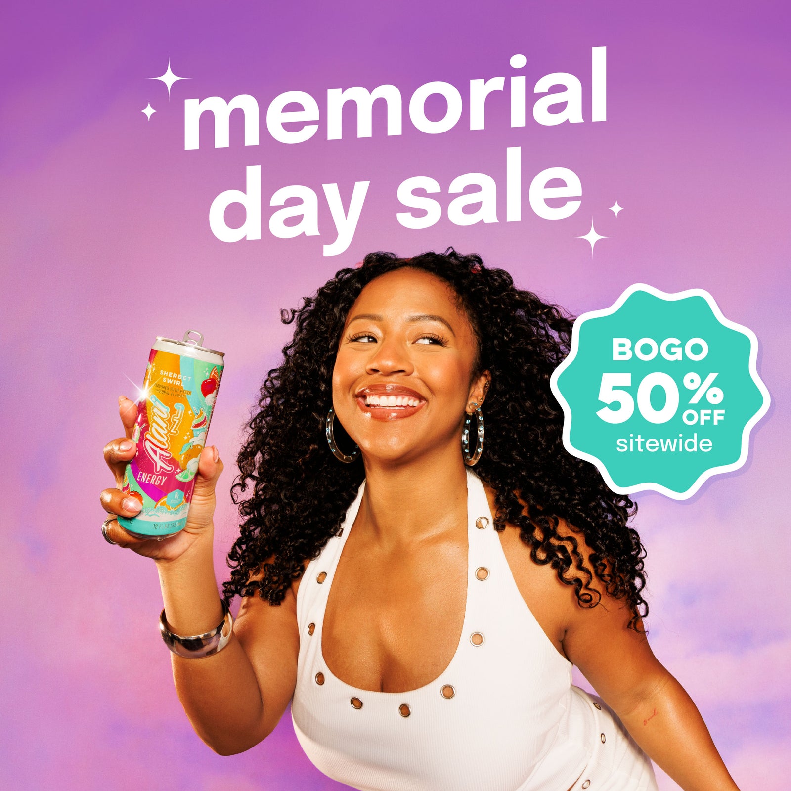 A smiling woman holds up a can of Sherbet Swirl Alani Nu Energy against a purple background. 