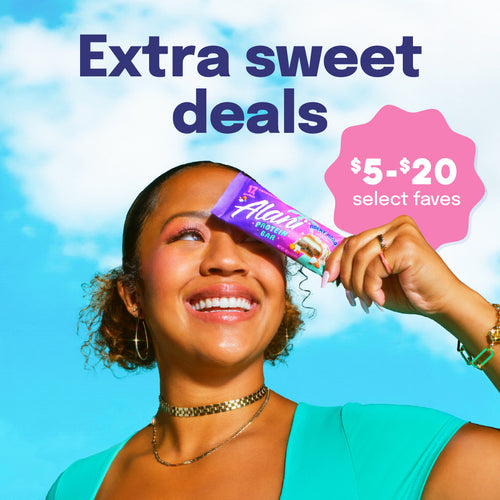 Alani Athlete, Ajahzi Gardner, smiling with a Rocky Road Alani Protein Bar. Text reads, "Extra Sweet Deals; $5-$20 Select Faves."
