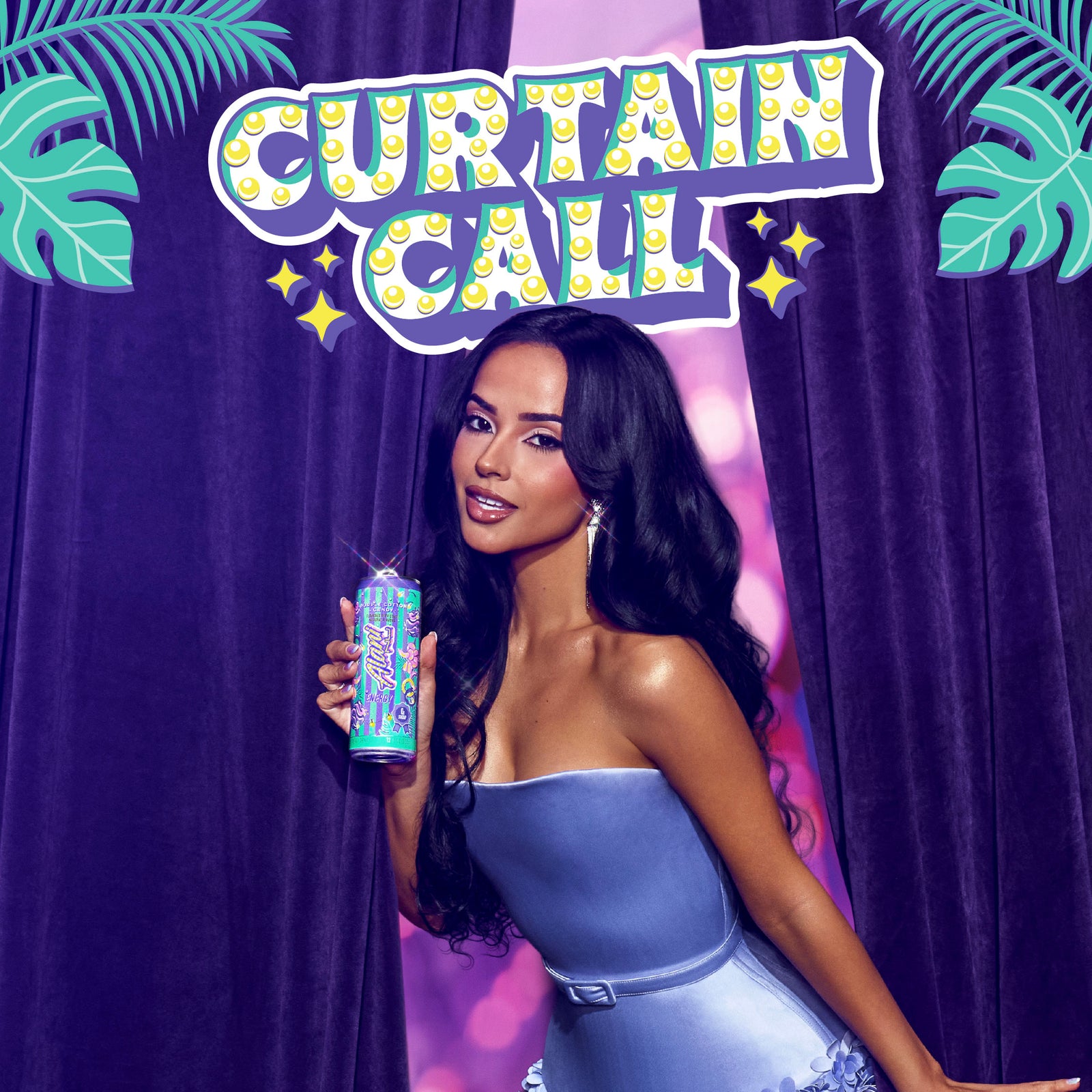 Singer Becky G peeks through deep purple curtains, standing in a spotlight and holding a sparkling can of Alani Energy new Purple Cotton Candy flavor, with hints of shimmering purple-pink light glowing behind the curtains.