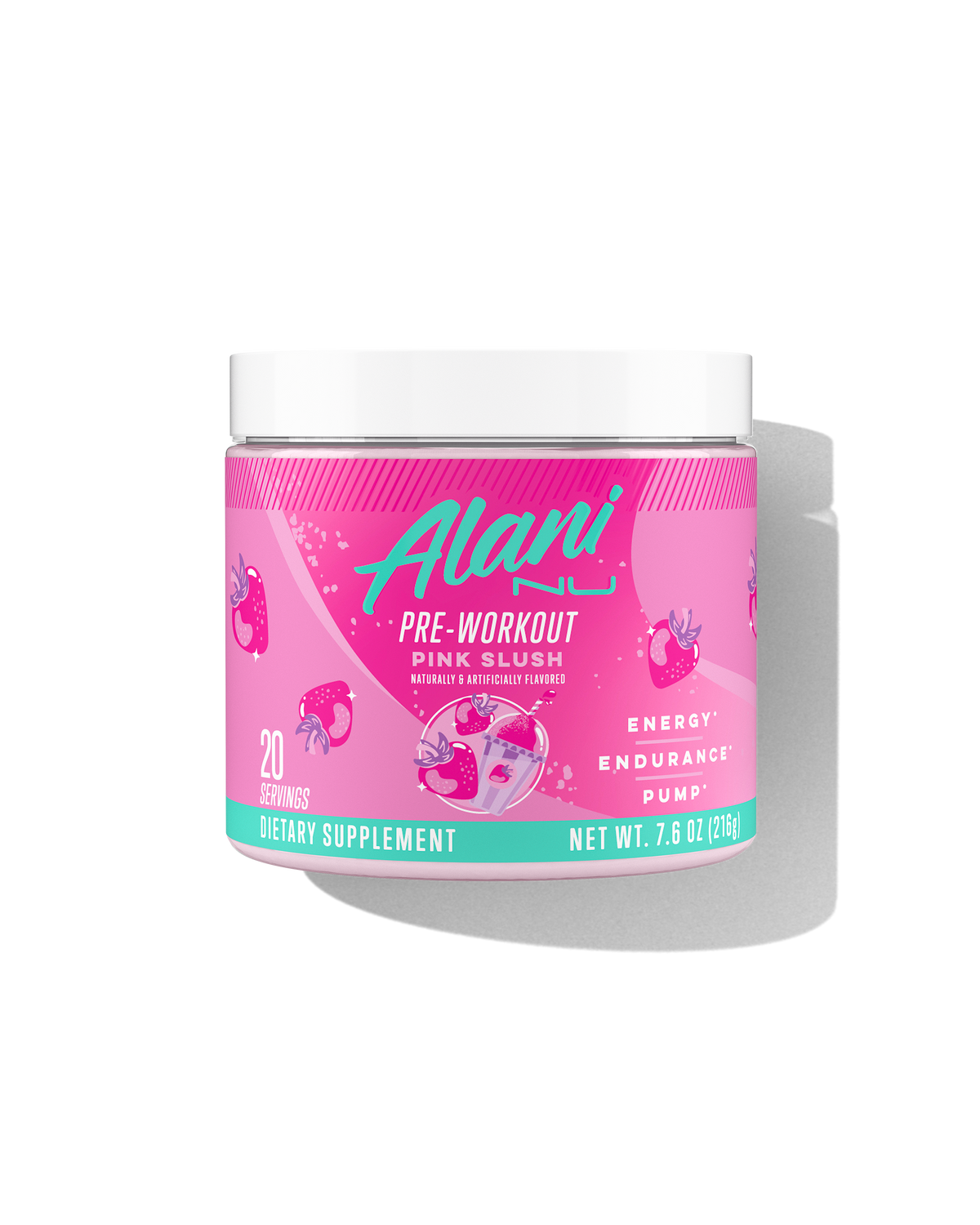 The front view of a 20-serve tub of Alani Nu Pink Slush Pre-Workout, naturally & artificially flavored and made to support energy, endurance, and pump.*
