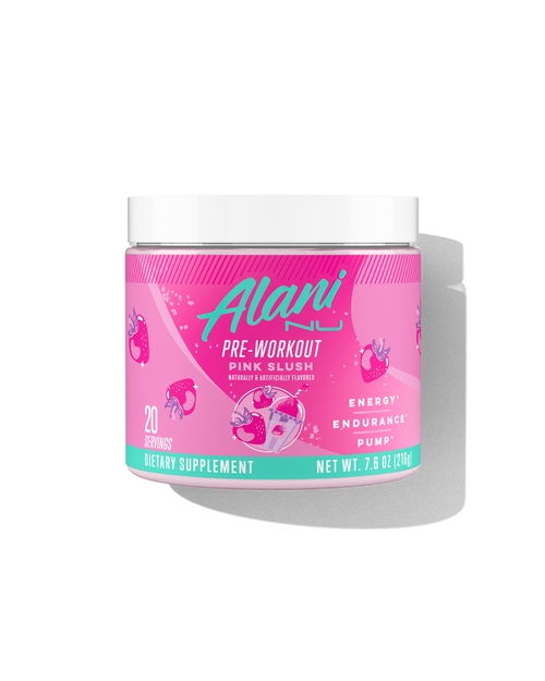 The front view of a 20-serve tub of Alani Nu Pink Slush Pre-Workout, naturally & artificially flavored and made to support energy, endurance, and pump.*
