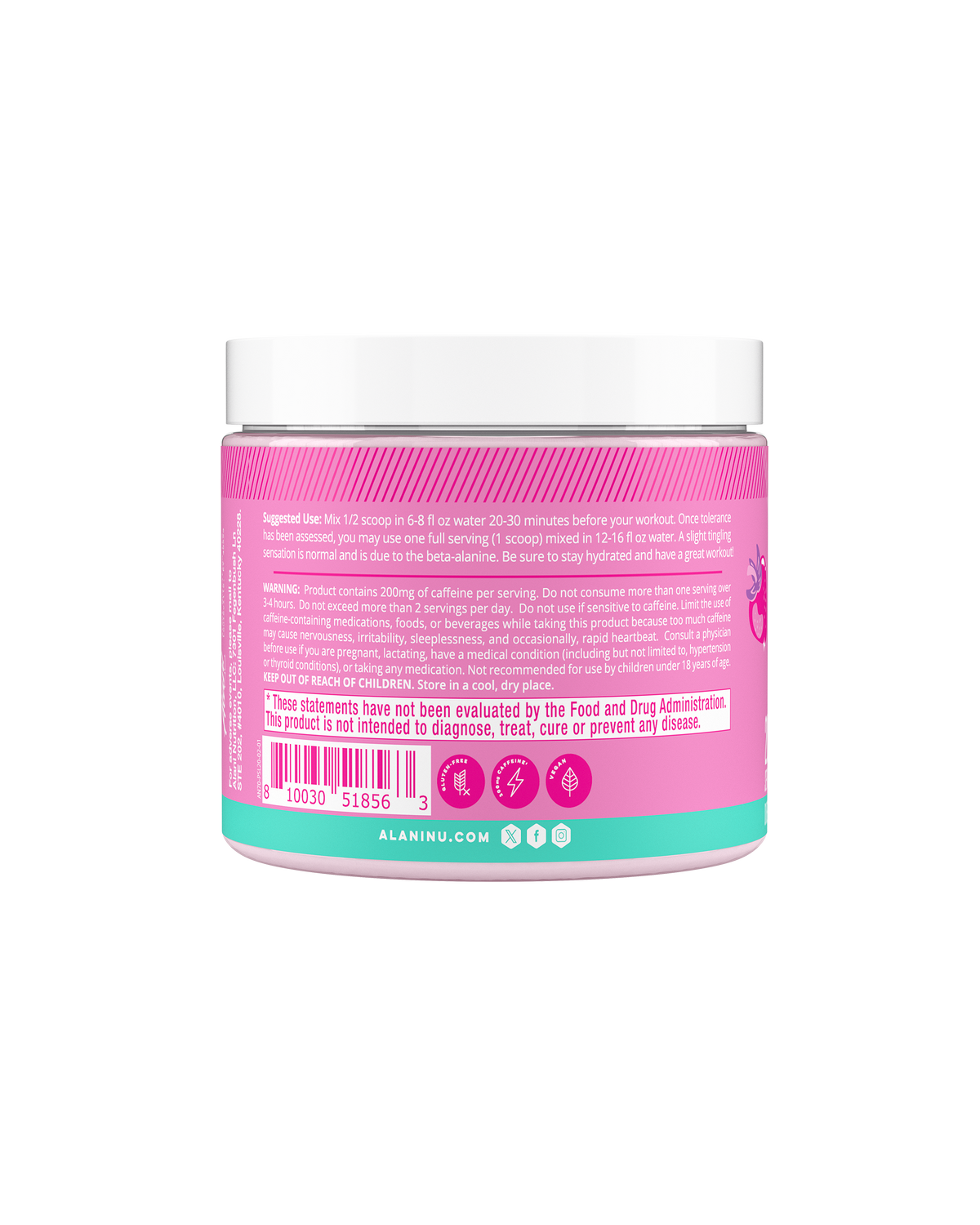 The side view of a Pink Slush Pre-Workout tub, gluten-free, vegan, and formulated with 200mg of caffeine per serving. Suggested-use directions and warning shown.

