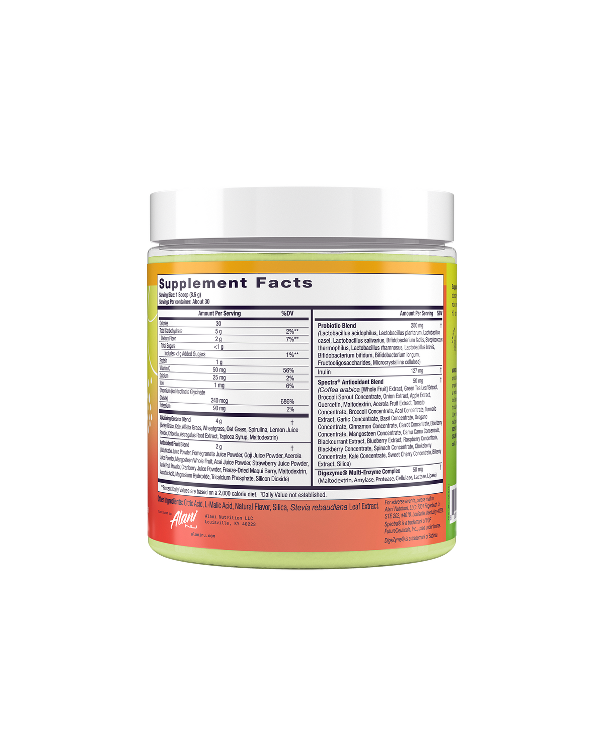 The Alani Nu Super Greens - Paradise Swirl features a nutrition label detailing its ingredients and quantities for an energy boost, packaged in a predominantly orange design with yellow and green accents.