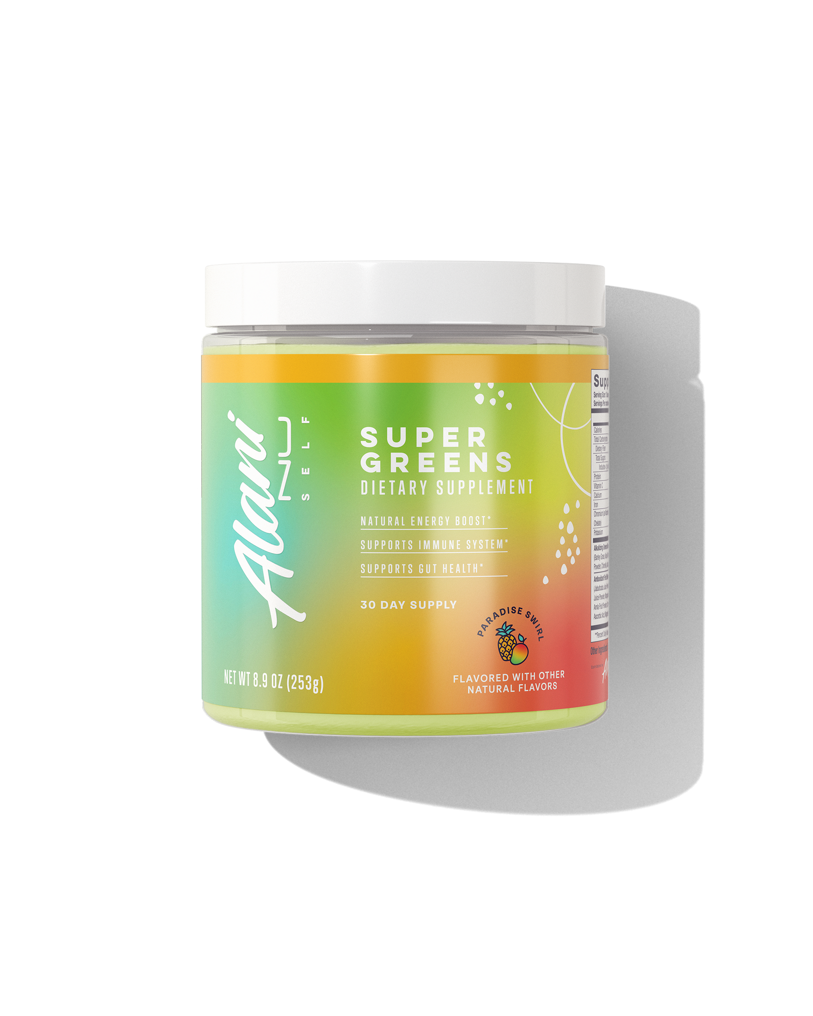 The Paradise Swirl Super Greens by Alani Nu, in a green and yellow container, provides a 30-day supply. It enhances natural energy, supports gut and immune health, aids detoxification, and weighs 8.93 oz (253g).