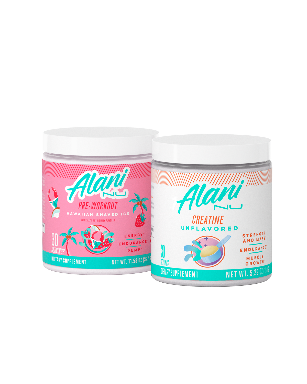 A front view of pre-workout hawaiian saved ice and unflavored creatine.
