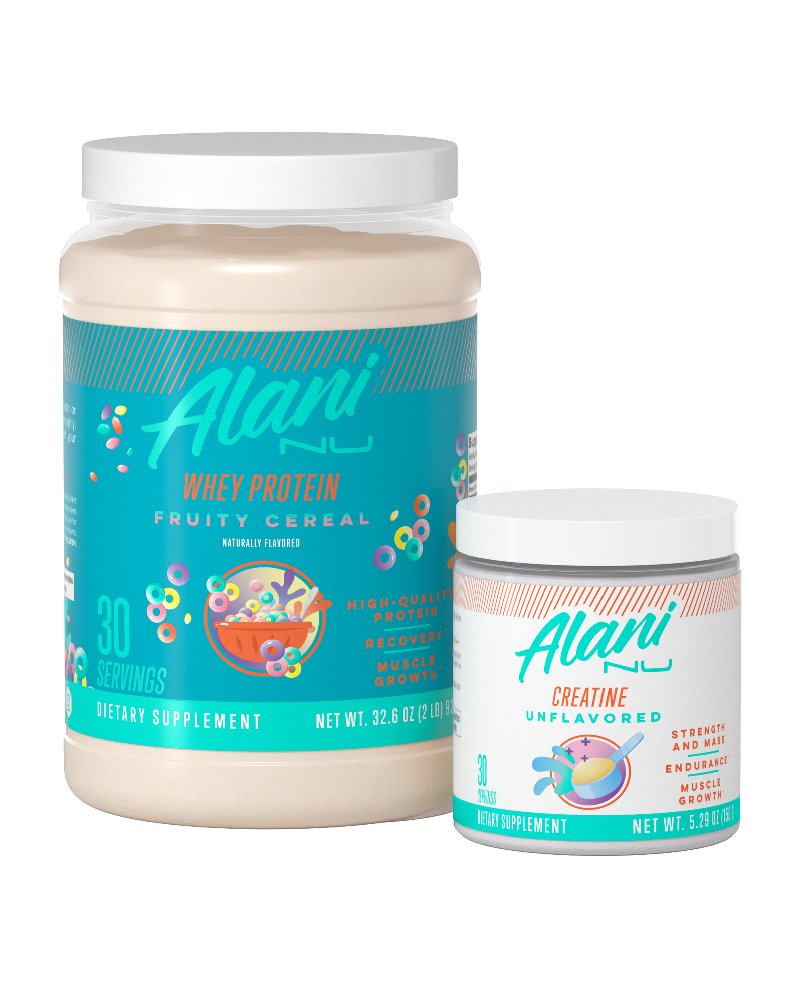 A front view of whey protein in flavor fruity cereal and unflavored creatine.