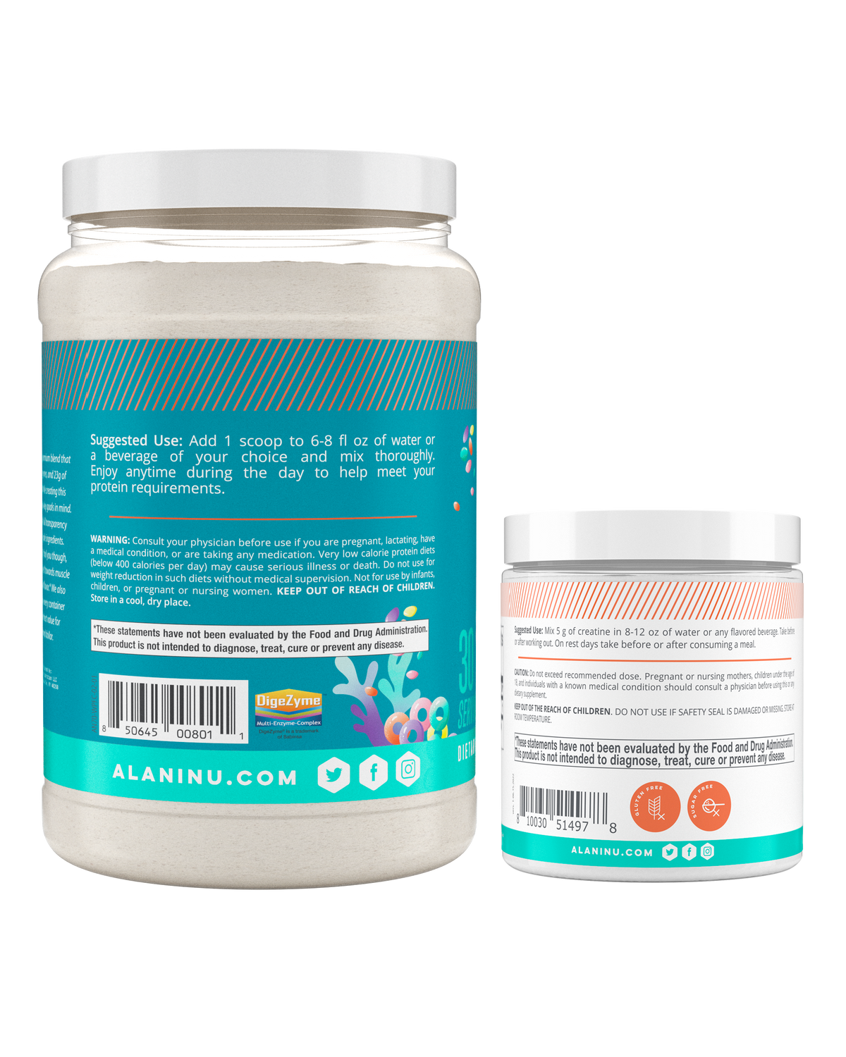 A back view of whey protein in flavor fruity cereal and unflavored creatine.