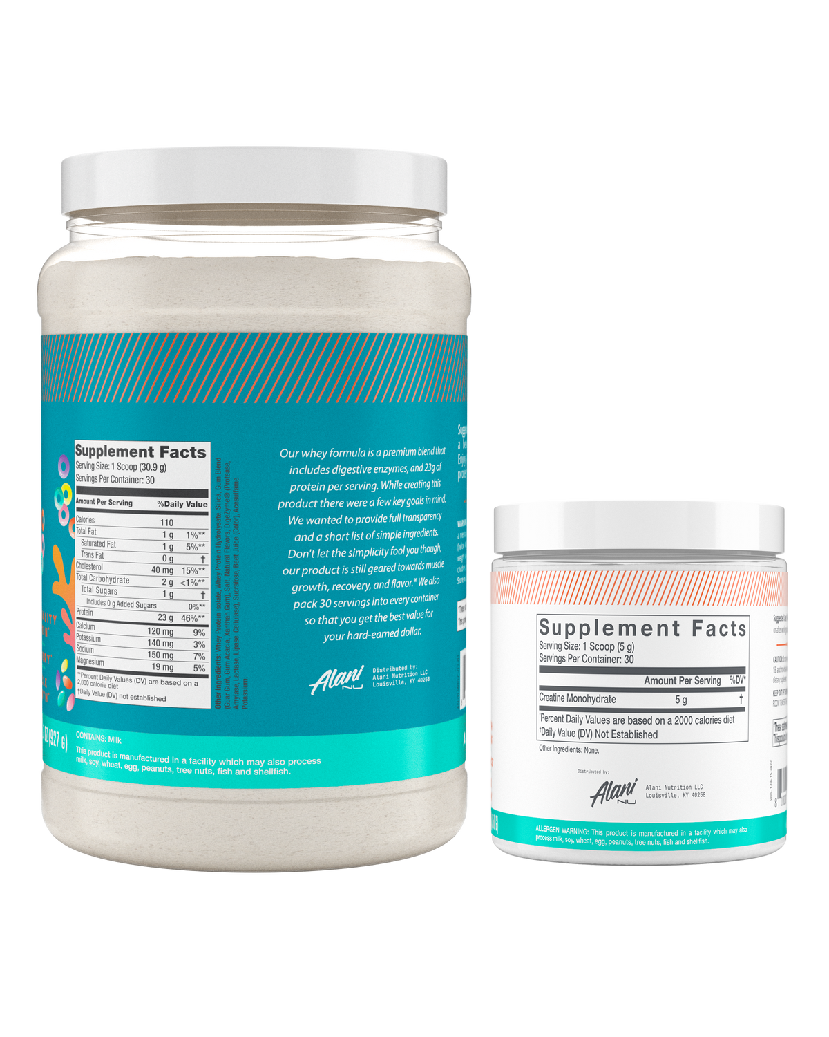 A back view of whey protein in flavor fruity cereal and unflavored creatine showcasing supplement facts. 