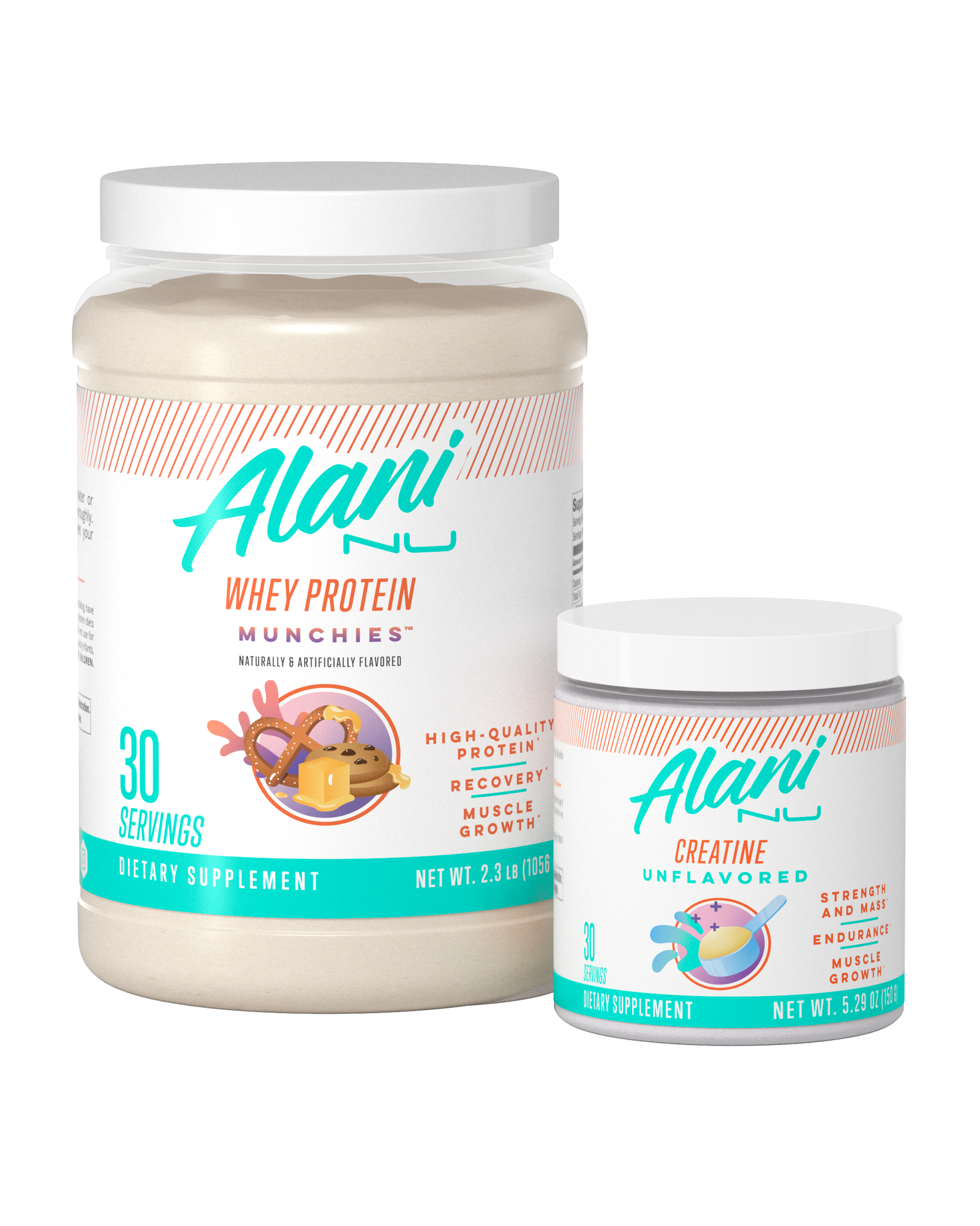 A front view of whey protein in flavor munchies and unflavored creatine.