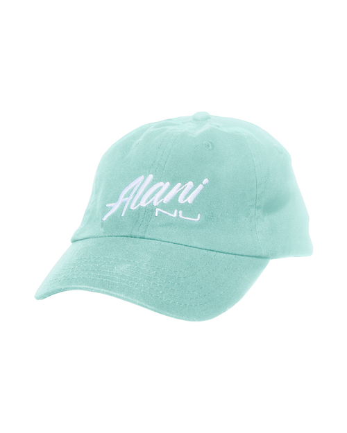 A dad hat in seafoam vintage color featuring 'Alani Nu' in white embroidered script on the front.