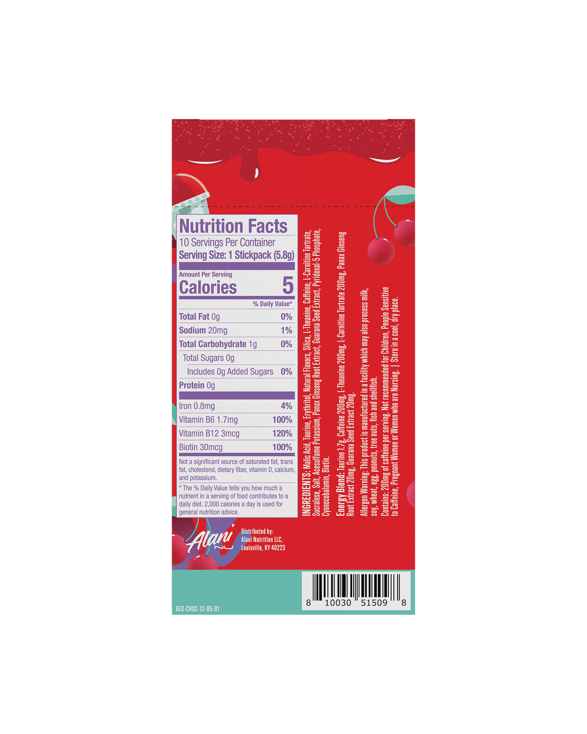 A back view of Energy Sticks in Cherry Slush flavor highlighting the Nutrition Facts.
