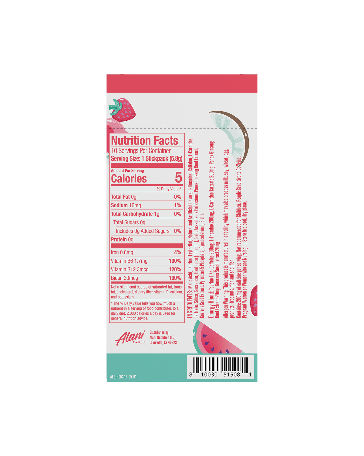 A back view of Energy Stick in Hawaiian Shaved Ice flavor highlighting the nutrition facts.
